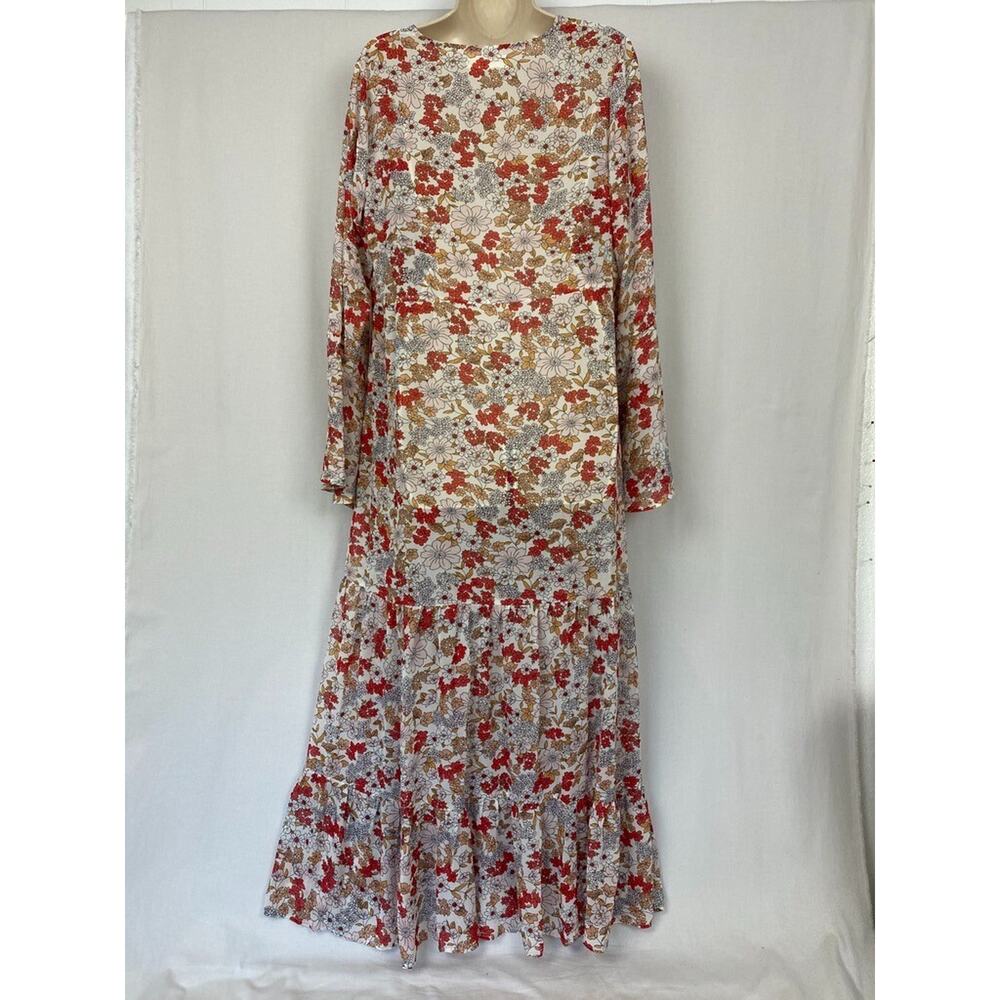 Natural Life Maxi Dress Medium Sheer Retro Floral Tiered Bell Boho Cottagecore - Picture 5 of 12